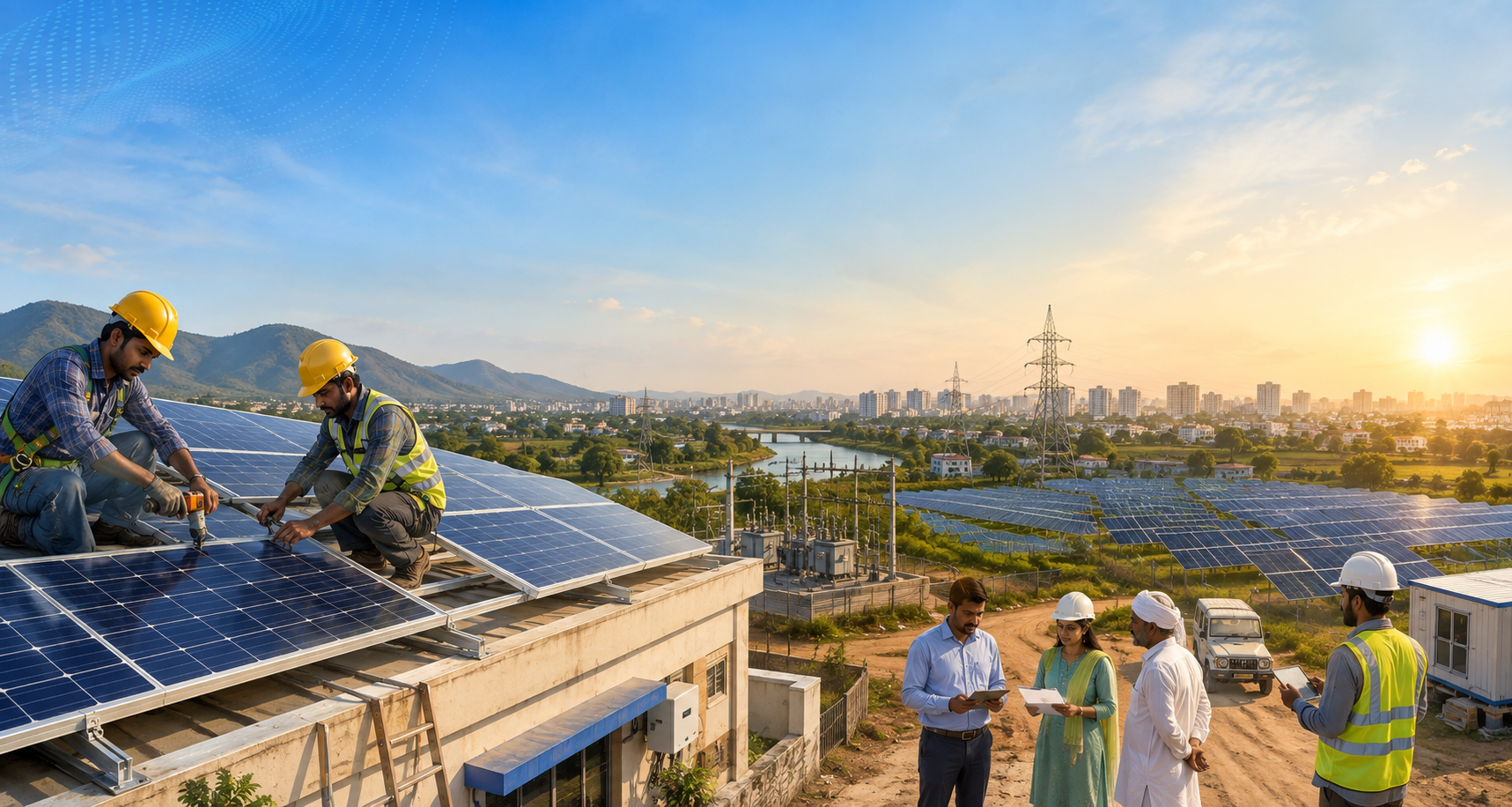 Solar installation teams working with rooftop panels